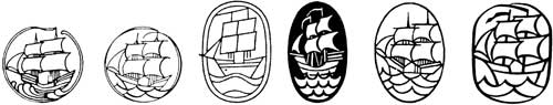 Марка издательства «Инзель». Слева направо марки художников Петера Беренса (1899), Эрика Гилла (1907), Яна Чихольда (1931), Вальтера Тиманна (1920 и 1925), Гельмута Чортнера